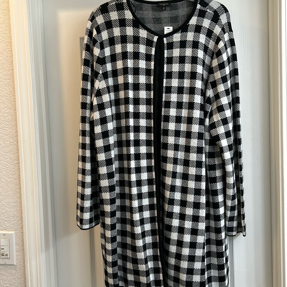 Talbots Plus Size Black and White Buffalo Plaid Cardigan Sweater Jacket 2X